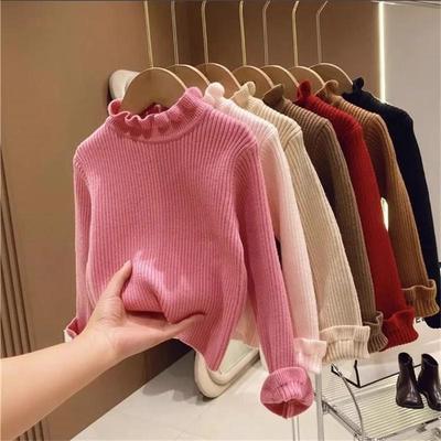 Girls' Stylish Ruffled Collar Knit Sweater - Korean Style Mid-High Neck Autumn/Winter Layer