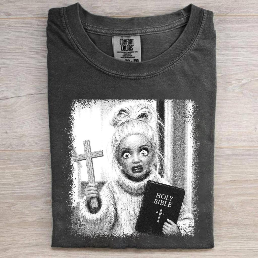 Comfort Colors® Holy Doll T-Shirt, Funny Bible Doll Graphic Tee, Gift For Her, Retro Religious Meme Shirt, Black And White Photo Tee