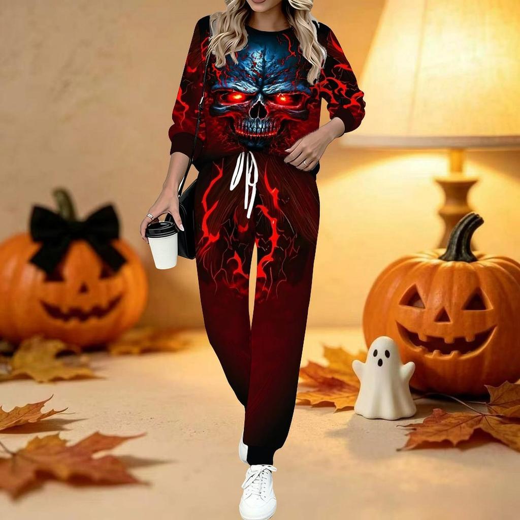 Damski dwuczęściowy strój z nadrukiem na Halloween, Top z długim rękawem i okrągłym dekoltem oraz spodnie dresowe z ściągaczem, Casualowy dres na wiosnę i jesień
