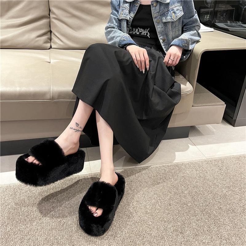 Super high heel fluffy slippers women's outer wear 2025 new autumn and winter thick bottom small man height increase home indoor cotton slippers