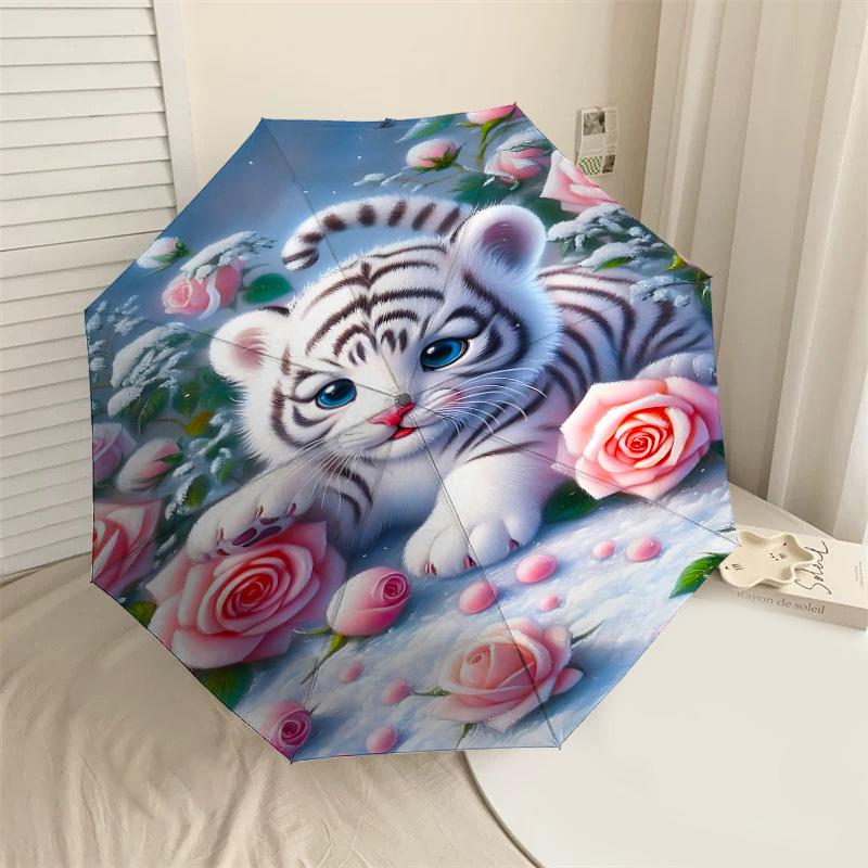 

1PC tiger cub, pink roses Automatic Open/Close Umbrella with Windproof, 8-Rib Sturdy Canopy, Durable Ribs, Fashionable Design, Outdoor Accessory, Fun