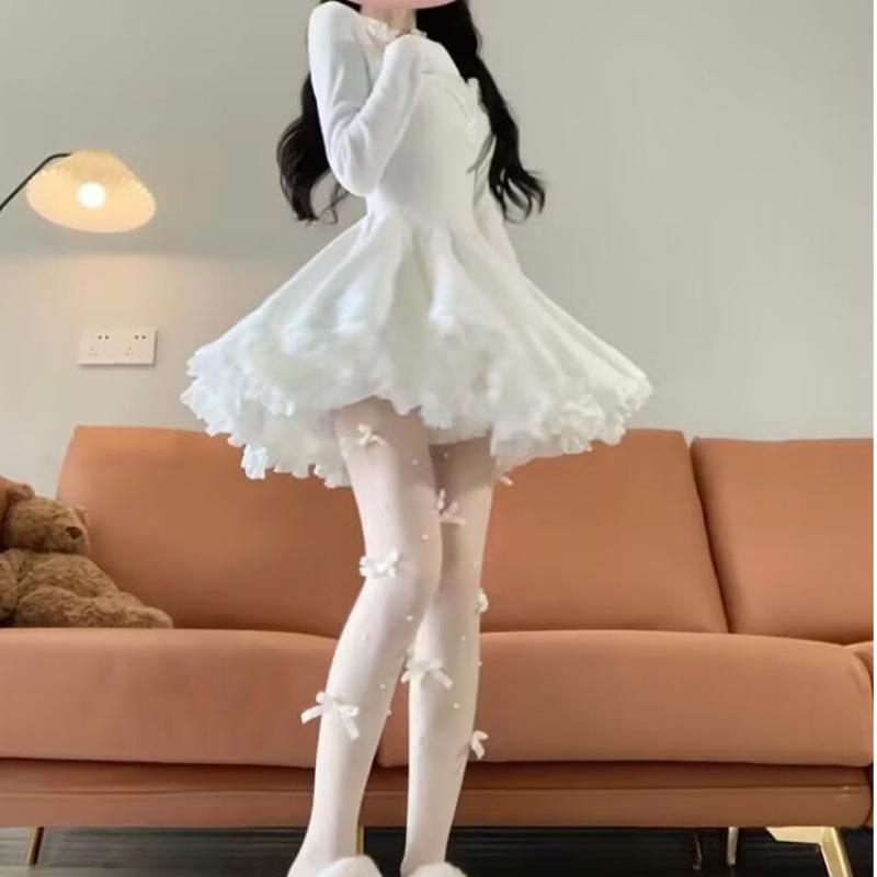 Pure desire puffy sexy lace dress women's autumn new long-sleeved waist temperament Spice girl pleated A-word short skirt
