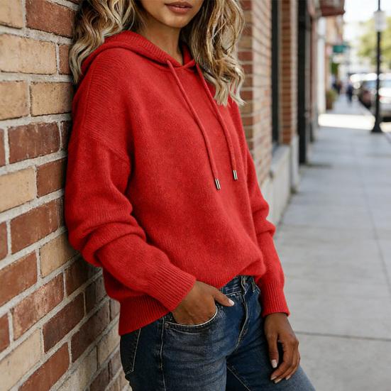 Kadın Süveter Ayarlanabilir Büzgülü Kapüşonlu Örgü Pullover Üstler Uzun Kollu Düz Renk Rahat Kesim Rahat Sıcak Sonbahar Kış Örgü Kapüşonlu