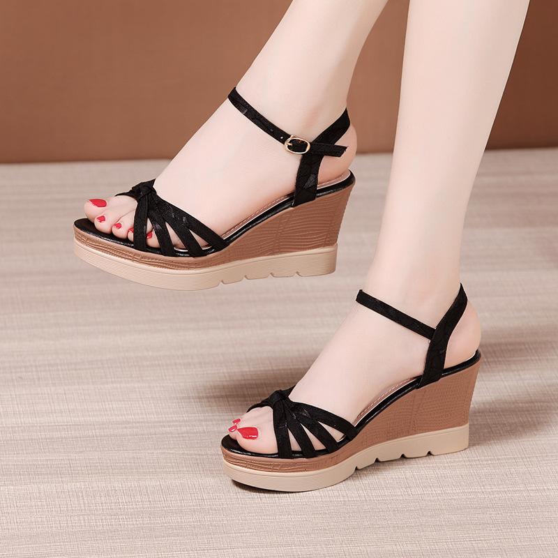 Fashion 8cm Women's High Heels Shoes Women 2025 Summer Ankle Buckle Office Model Chunky Platform Wedges Sandals Black Plus Size 32-43