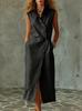 Simple style sleeveless dress, lapel diagonal breasted breathable loose long dress
