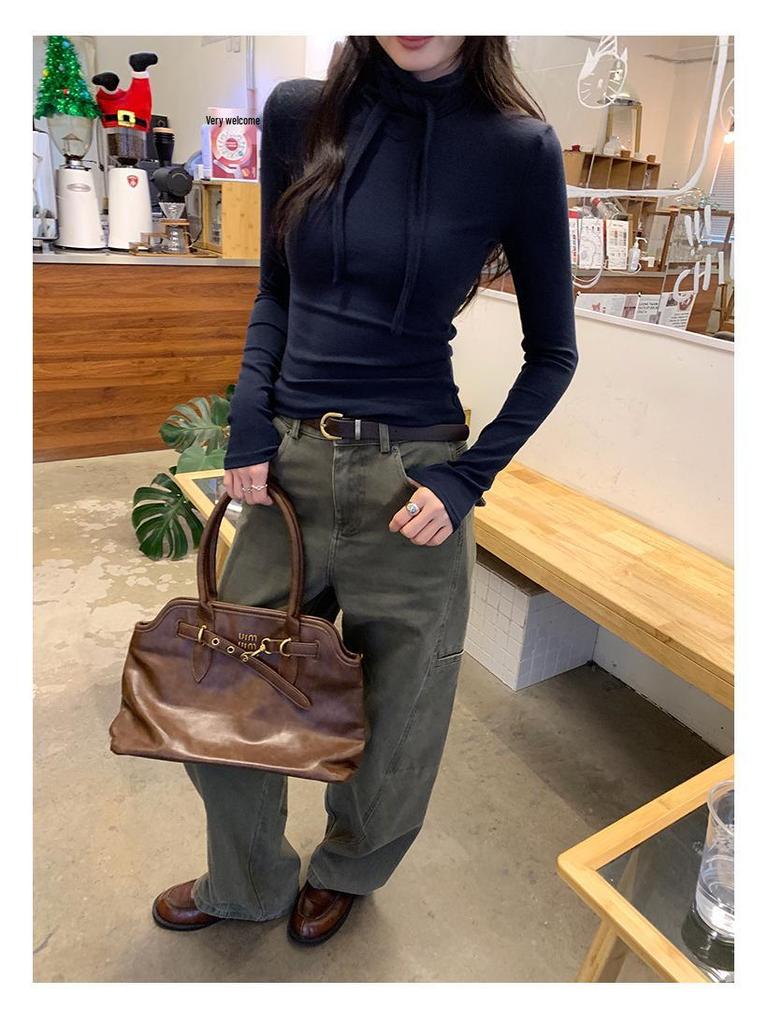 In Stock: Women's High-End Autumn/Winter 2026 Bow Tie Lace Wool Base T-Shirt