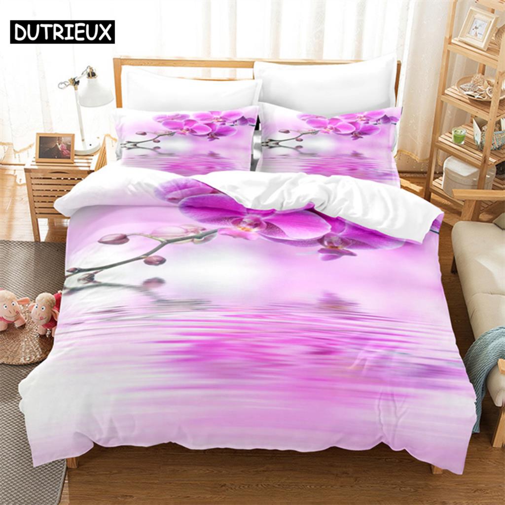Pink Phalaenopsis Queen Bedding Set Girls Duvet Cover Bedroom Bed Set Comforter Cover Set King Size Duvet Cover Set Bedding Sets