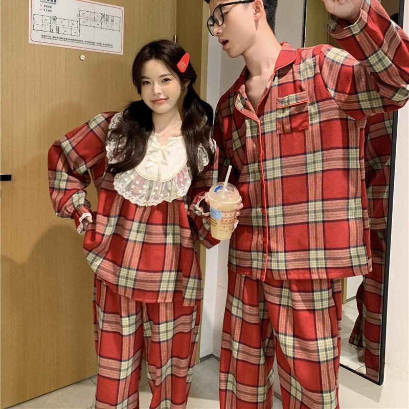 Korejské párové červené kostkované krajkové pyžamo s dlouhým rukávem