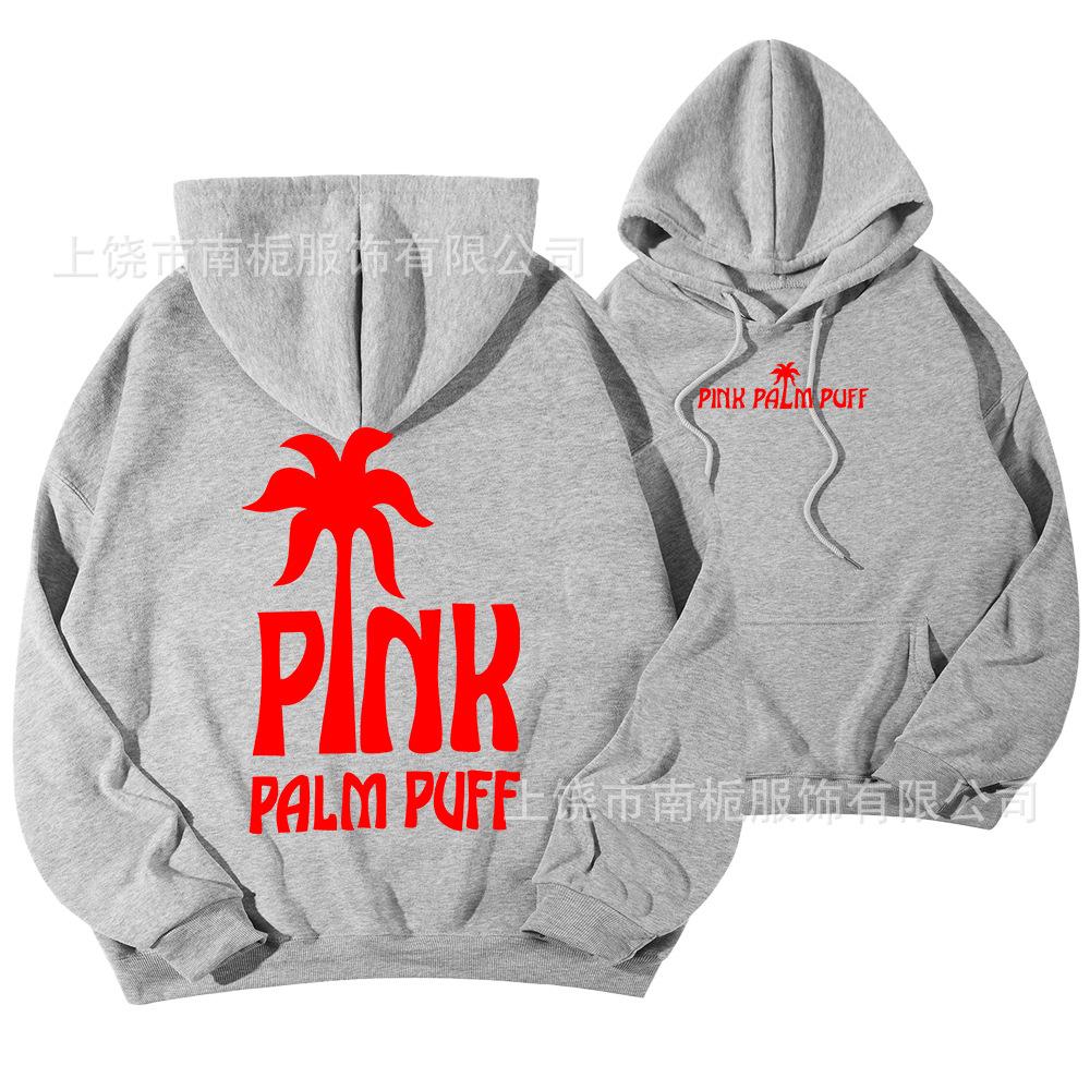 Women's Hooded Long Sleeve Drop Shoulder Pullover Sweatshirt Palm Tree "PINK PALM PUFF" Back Letter Print Casual Hoodie