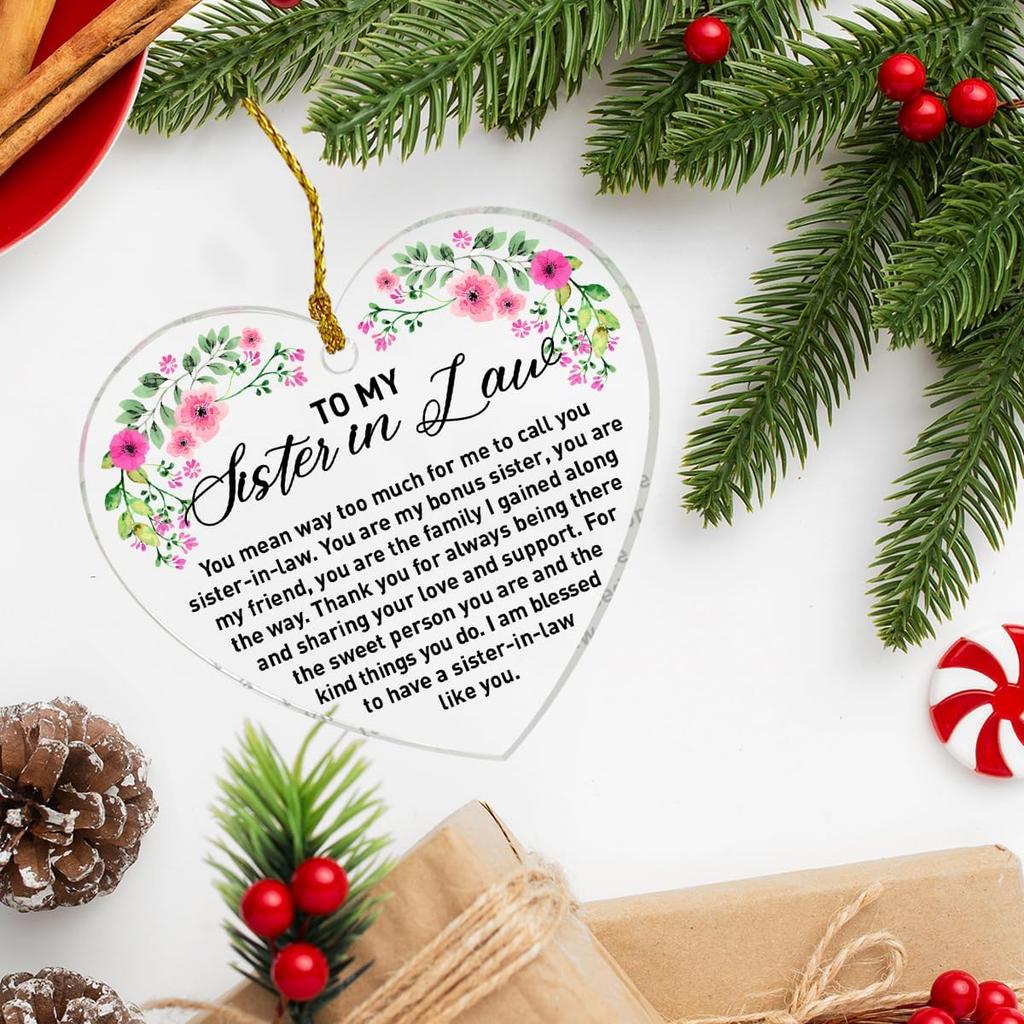 Sister in Law Ornament Gifts, Sister in Law Birthday Wedding Christmas Keepsake Gifts for Sister in Law Acrylic Heart Hanging Ornament Gifts, Sister