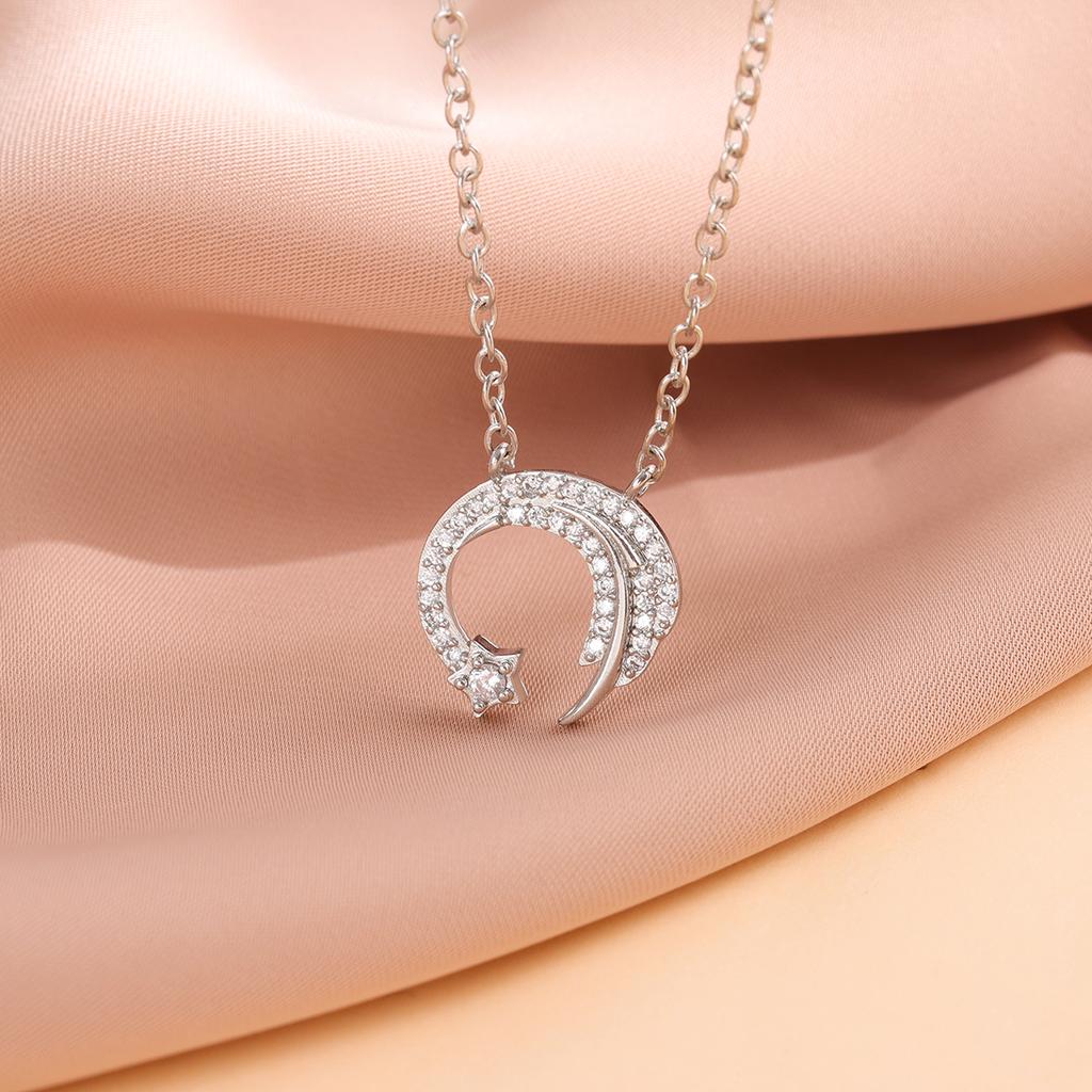Fashion 925 Sterling Silver Moon And Star Crystal Pendant Necklaces
