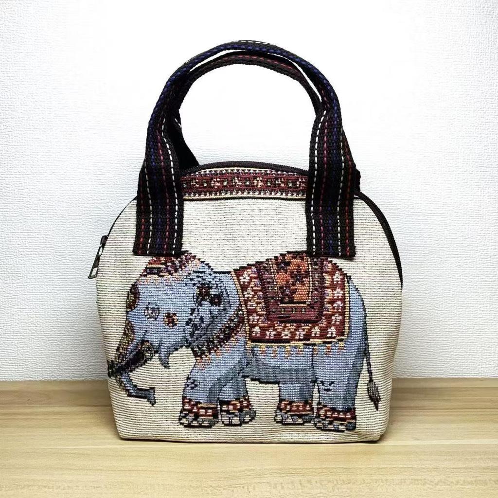 Embroidered Ethnic Canvas Handbag for Women: Shell-Shaped Purse with Jacquard Design