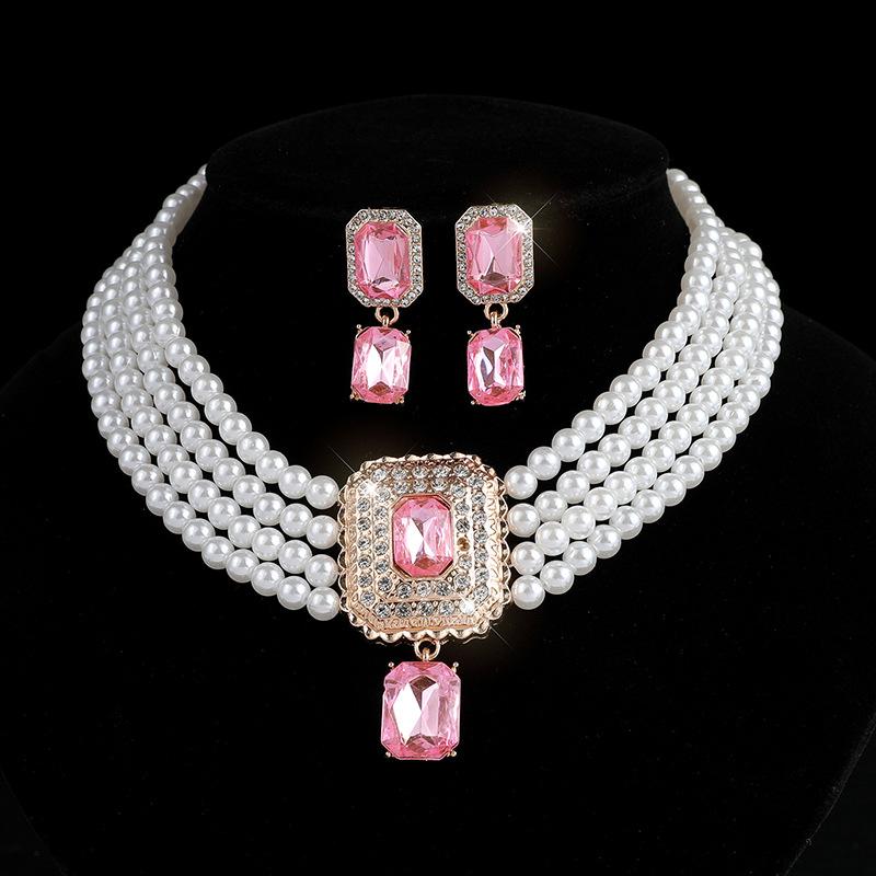 Square gemstone full diamond earrings necklace set choker multi-layer bridal anti-pearl necklace earrings