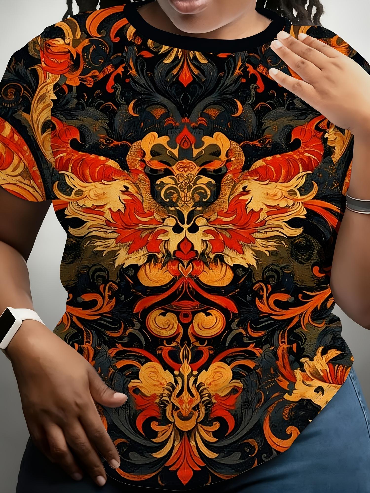 

Women s Digital Print Short-sleeve Shirt. Artistic Style ;flame Pattern Symmetrical Totem; Themed Printed Short-sleeve T-shirt. Gorgeous Retro Top. Fe M