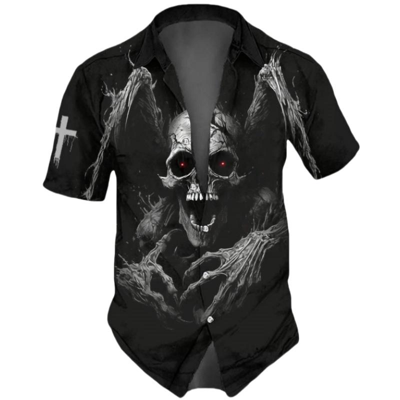 Horror Skulls Print  Men's Shirts Summer Hip Hop Style Short Sleeve Lapel Shirts For Men Streetwear Hawaiian Beach Holiday Shirt