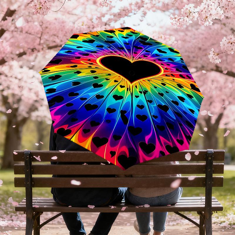 1pc Heart Rainbow Automatic Open/Close Umbrella Compact Folding Umbrella with 8-Rib Shaft for Women/Men, Elegant Birthday1198S