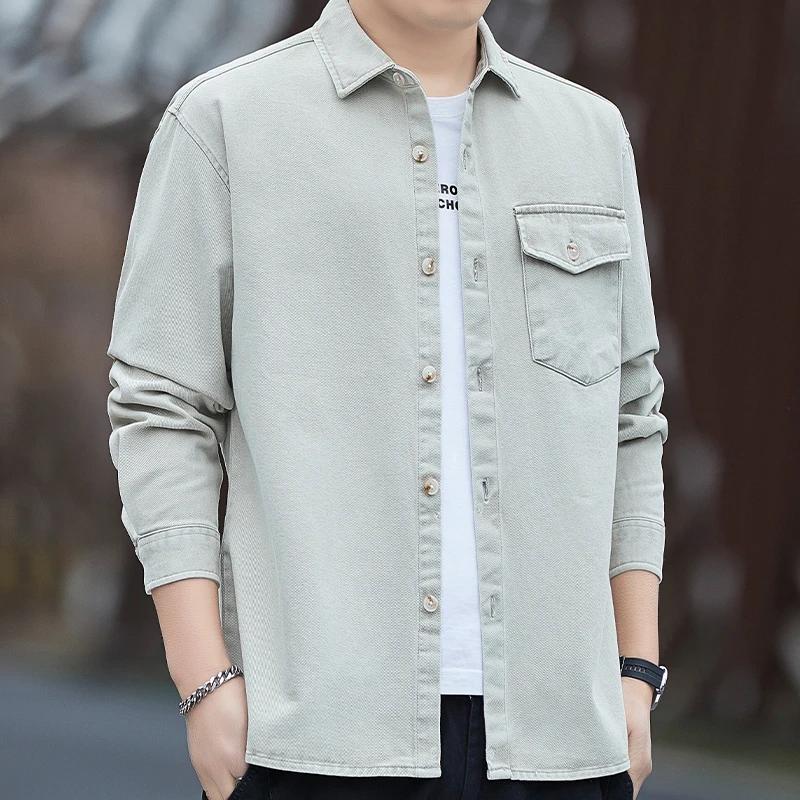 2026 Spring Autumn Men Cotton Cargo Shirts Men Casual Soild Color Shirts Male Long Sleeve Shirt Fashion Slim Fit Shirt