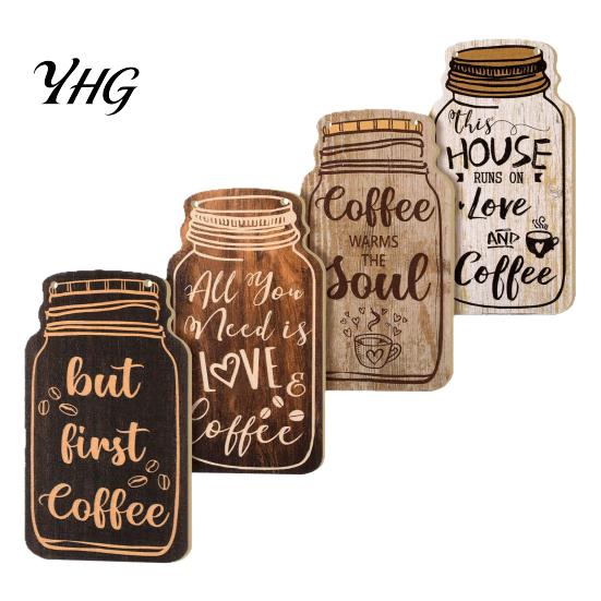 Wooden Coffee Wall Art 4Pcs Bar Sign, Farmhouse Rustic Mason Jar Hanging Restaurant Decorative Wood Plaque Decoration, for Cafe Kitchen Dining