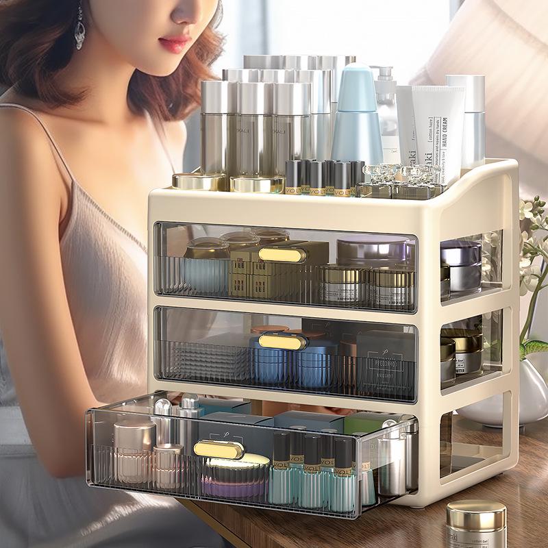 Transparent Large Capacity Cosmetic Storage Box with Drawers for Makeup, Jewelry, and Masks
