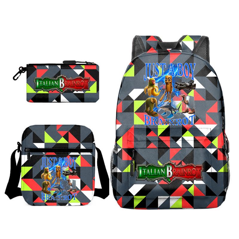 Abstract Foreign Shanhaijing Schoolbag Tongtongsahur Cartoon Primary School Student Backpack Three-piece Set D