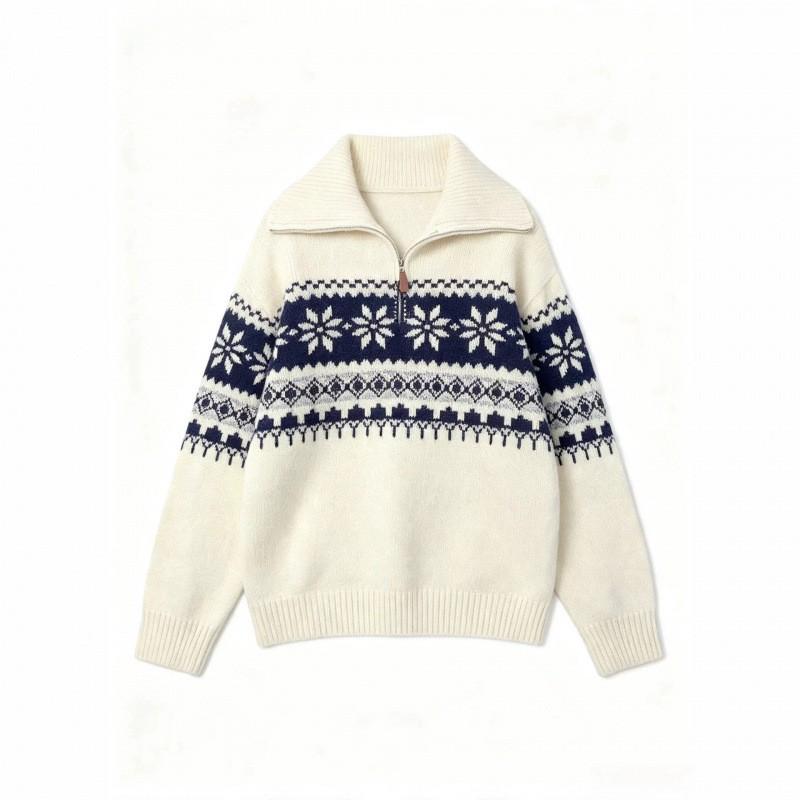 Womens Retro Fair Isle Knit Half-Zip Turtleneck Sweater Loose Oversized Winter Pullover
