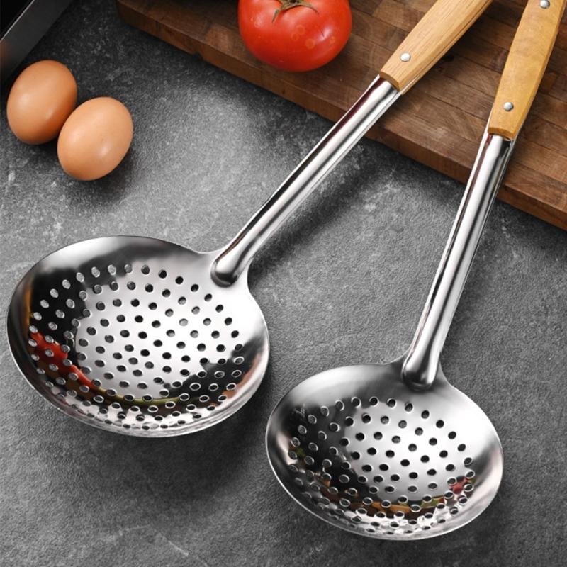 201Stainless Steel Strainer Ladle Large Mesh Skimmer with Wood Handle Oil Skimmer Spoon Suitable for Kitchen Use