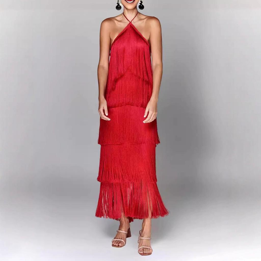 GY fashion neck fringed backless slit dress