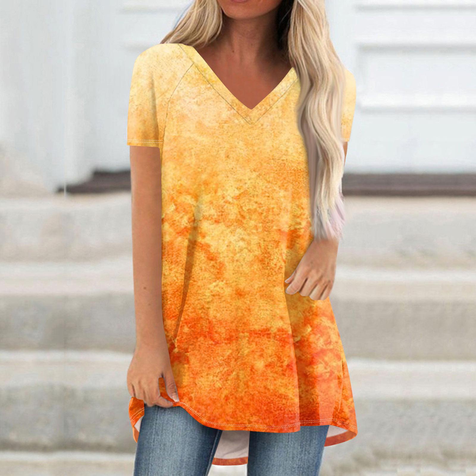 

Женские плиссированные свободные топы с короткими рукавами Плюс размер Повседневные топы с V-образным вырезом и короткими рукавами Повседневные летние футболки Женские топы Футболки Рубашки M оранжевый