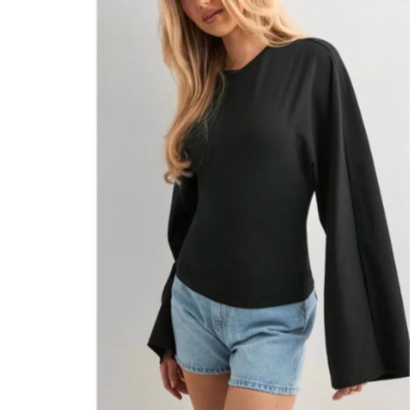 

2026 Жіночий однотонний топ з довгим рукавом та приталеним силуетом - Модний круглий виріз, широкий рукав. Small чорний