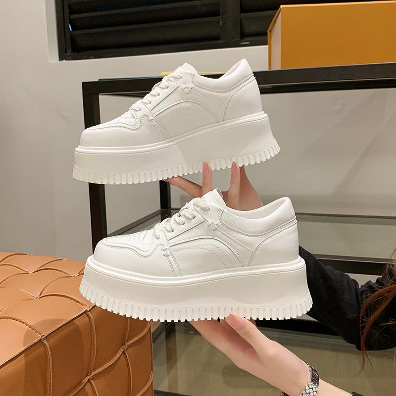 ქალის პლატფორმიანი ფეხსაცმელი, ქალის სპორტული ფეხსაცმელი 2024, ახალი, თასმებიანი, მაღალი ქუსლით, მრავალმხრივი, დაბალყელიანი, ყოველდღიური, მყარი ტყავის, პატარა ვაფლის ფეხსაცმელი