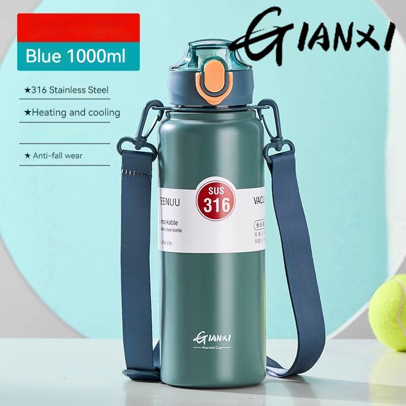 GIANXI 1000ml Spring Cap Large Capacity Vacuum Cup 316 Stainless Steel Coffee Cup Portable Outdoor Sports Water Bottle