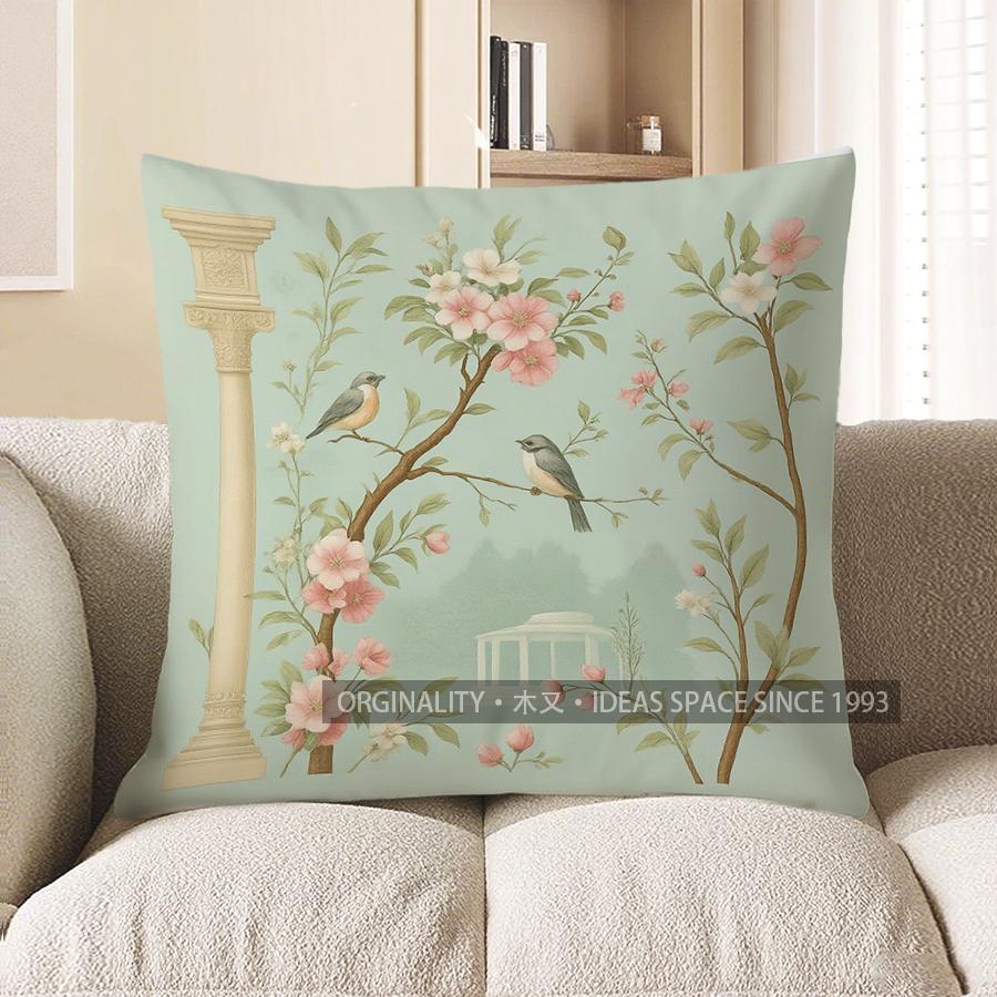 Home Decor Blue Birds and Floral Branch Decorative Pillow Pattern Cushion Cover Suitable for Sofa Bedroom Car Pillow Cover