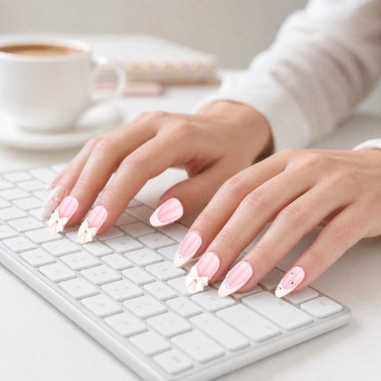 24Pcs Nude Pink Press on Nails, White Bow Faux Pearl Glue on False Nails, Almond French Tip Stick-on Fake Nails Decoration