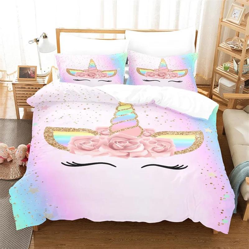 Comforter Girls Unicorn Full King Queen Size Microfiber Eyelashes Floral Comforter 3D Cartoon Bedding Set For Kids Teen