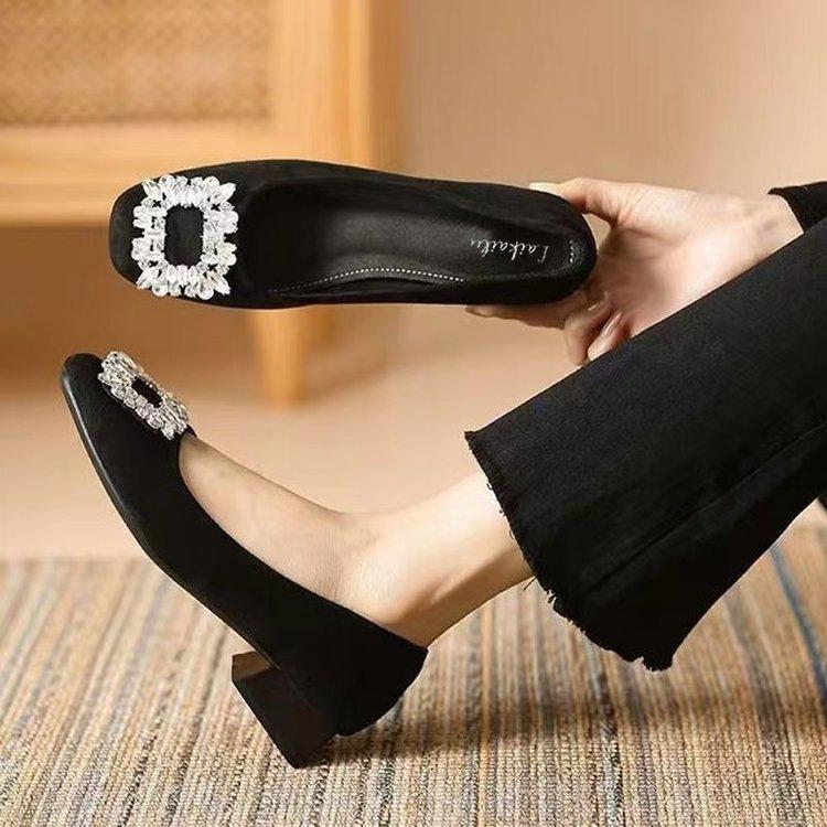 Single Shoes Light Mouth Soft Sole Suede Thick Heel Low Heel Rhinestone Square Buckle French Black Professional Shoes