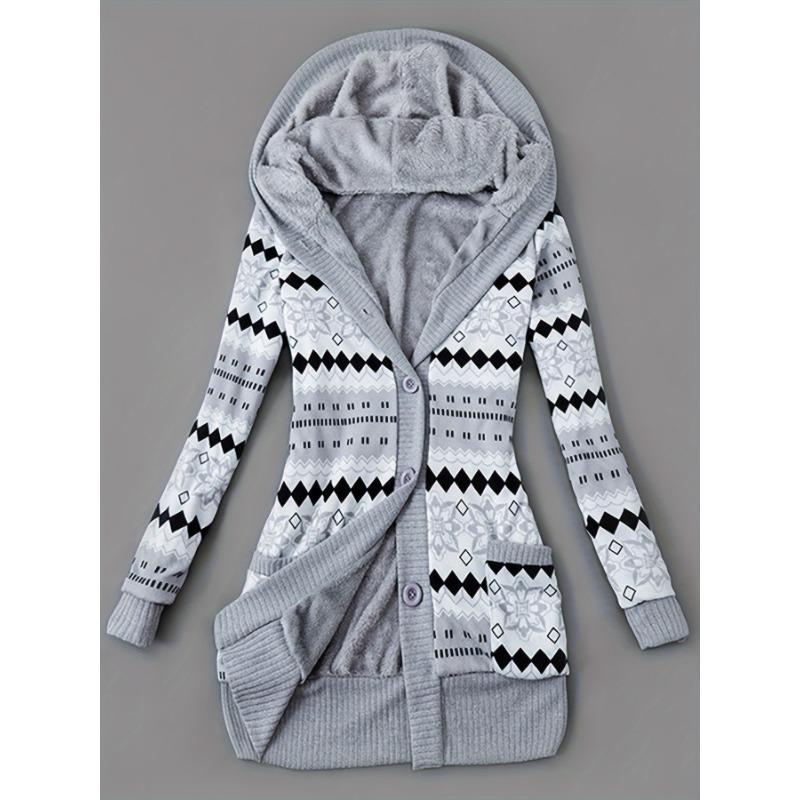 

Женский кардиган с капюшоном с геометрическим принтом - Зимний кардиган средней длины на флисовой подкладке с капюшоном и карманами, мягкая домашняя одежда и верхняя одежда для осени/зимы Asian L серый