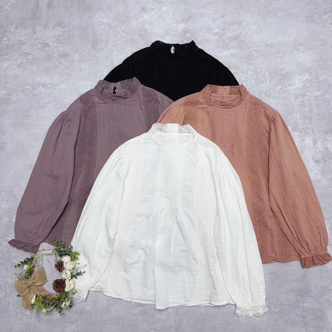 

Johnature Пресс-плиссированная кружевная двойная марлевая рубашка-пуловер Весенние свободные повседневные винтажные рубашки для женщин One Size белый