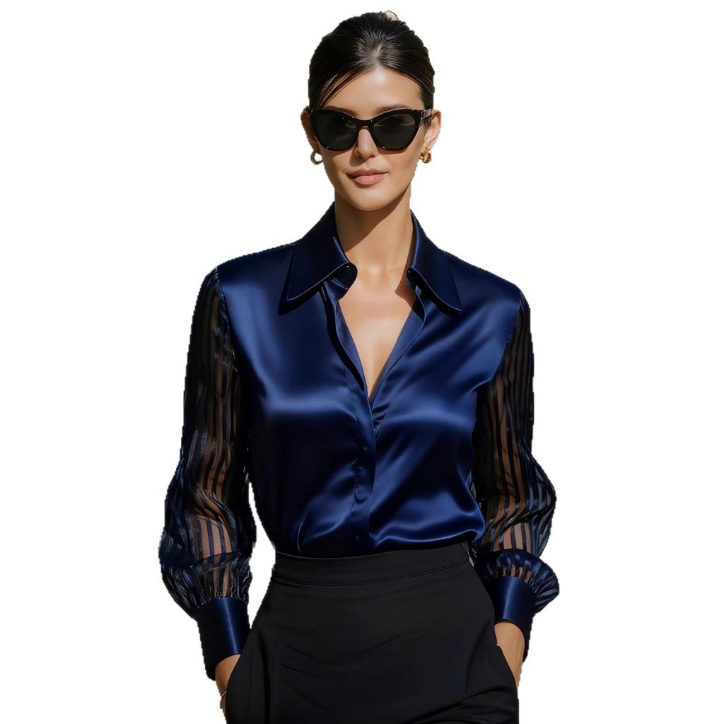 Satin Blouse with Sheer Bubble Sleeves and Notch Collar