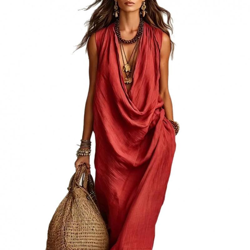European and American new women's clothing casual sleeves loose swing collar loose holiday dress