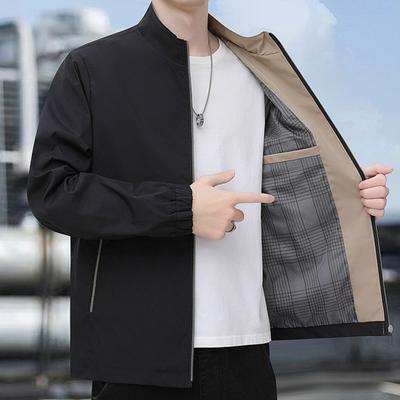 Fall Winter Men Jacket Stand Collar Zip-up Smooth Surface Solid Color Loose Thin with Zipper Pockets Father Business Travel Coat Mid-aged Man