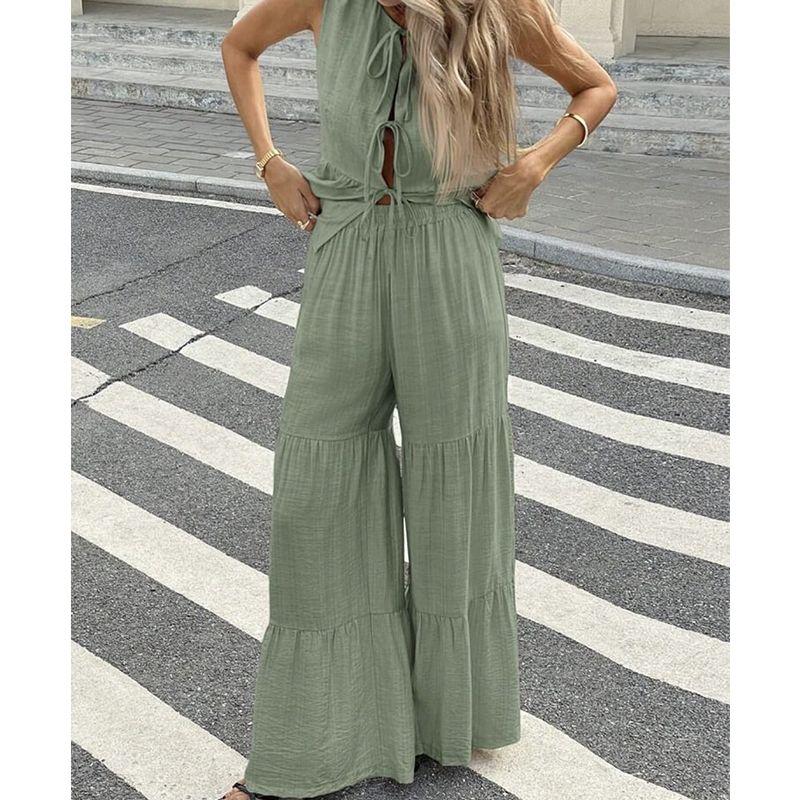 Spring and Summer New Women's Clothing Minimalist Wind round Neck Sleeveless Short Shoelace Tops Loose Vertical Horn Pants