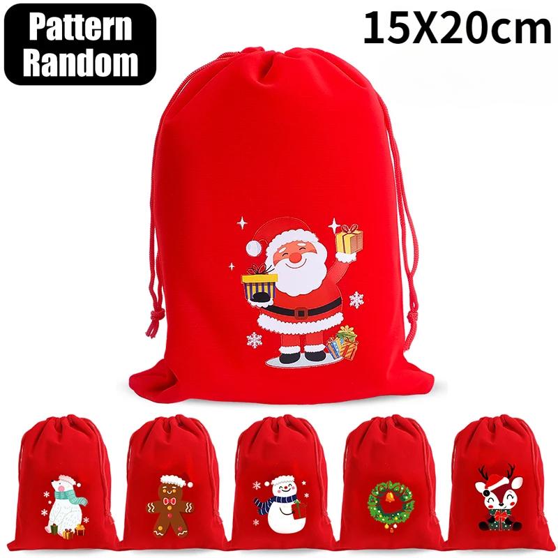 20/1PCS Christmas Velvet Bags Cartoon Candy Gift Drawstring Pouch Christmas New Year Party Favor Decor Jewelry Packaging Bag