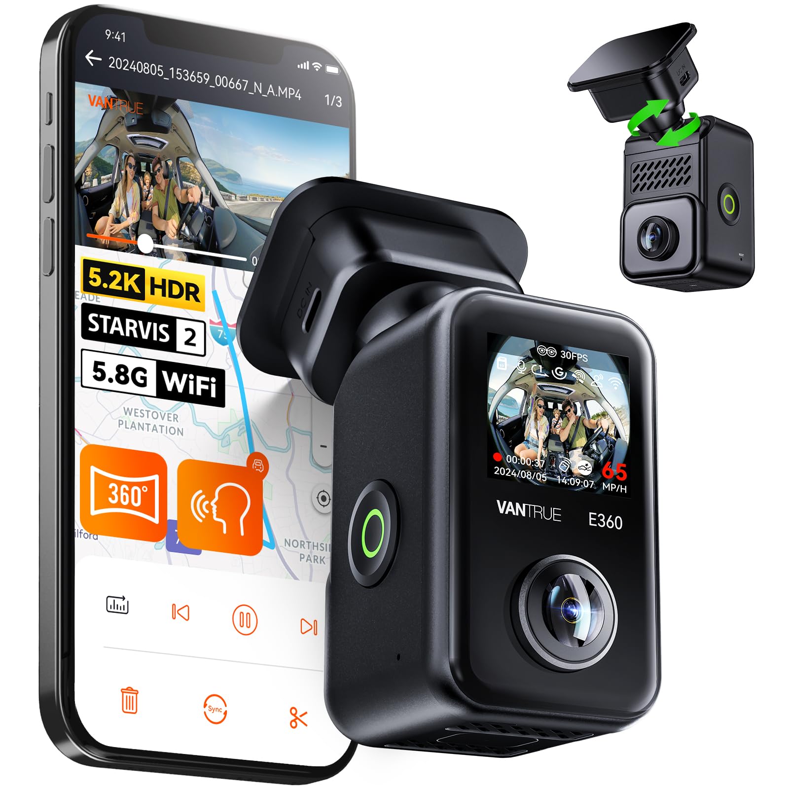 

VANTRUE E360 Dash Cam with Front and Rear Surround STARVIS 2 Night Front and Rear Panoramic Omnidirectional Integrated Fisheye Smartphone Front and