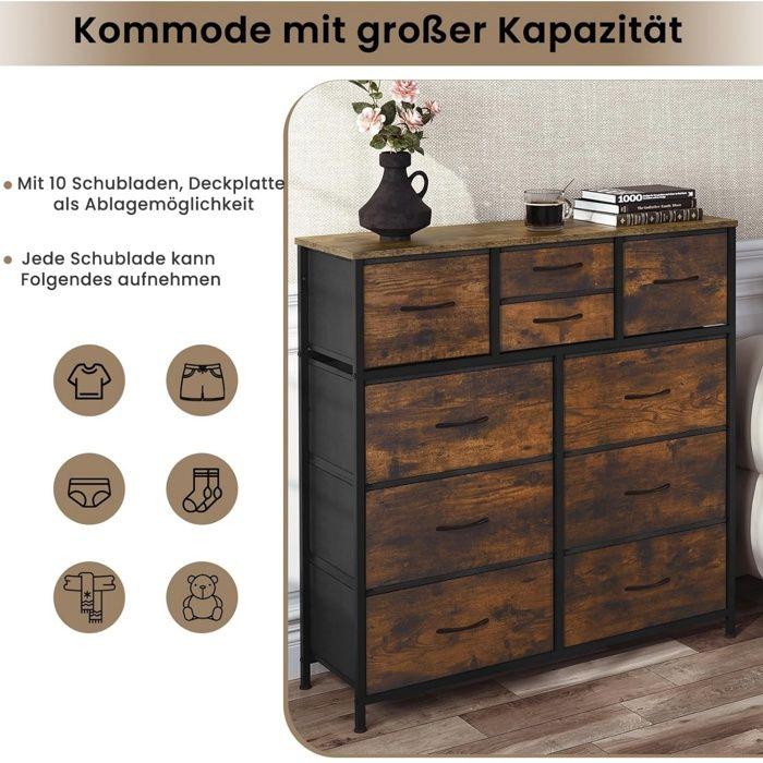 WOLTU Commode, 10-Drawer Fabric Chest of Drawers, Metal Frame, Engineered Wood Top, Rustic Brown+Black W0ITT0114