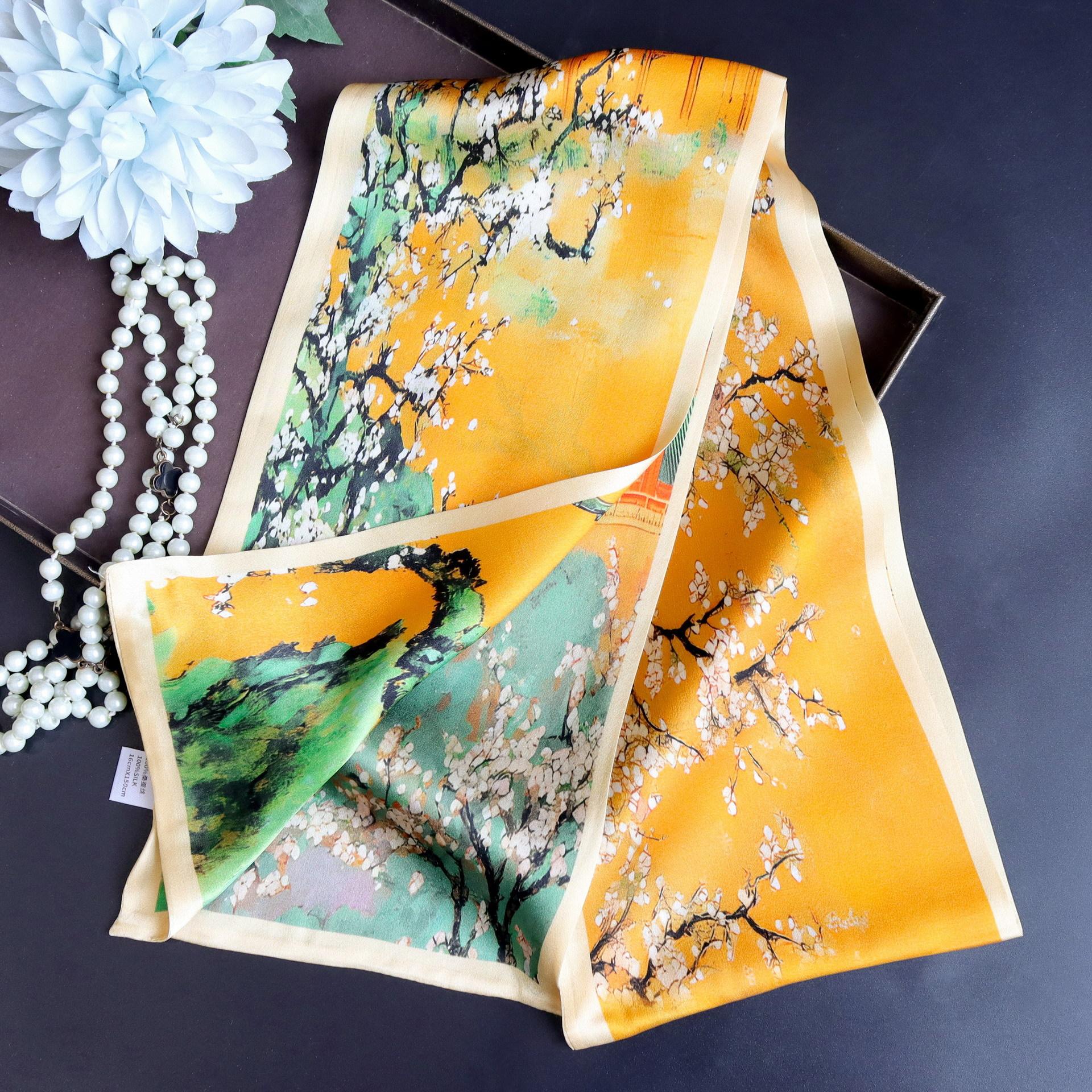 Palace wall white plum national tide Chinese ancient style Hangzhou silk scarf mulberry silk women Hangzhou silk double silk long scarf scarf 150*16CM