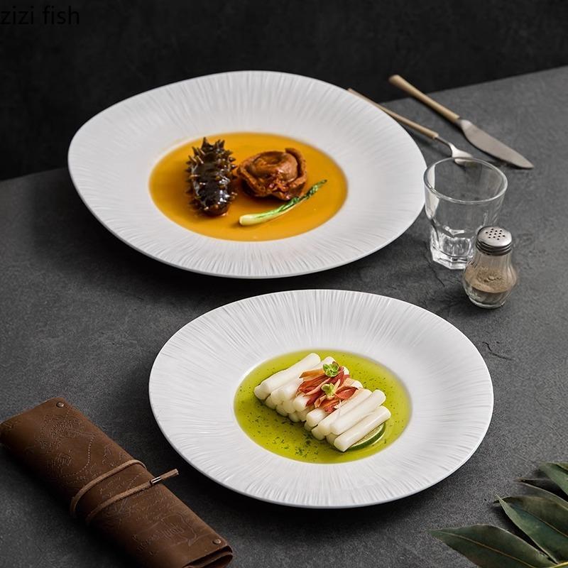 Pure White Wide Edge Striped Plate Ceramic Steak Plate Dessert Snack Plate Pasta Plates Molecular Cuisine Specialty Tableware