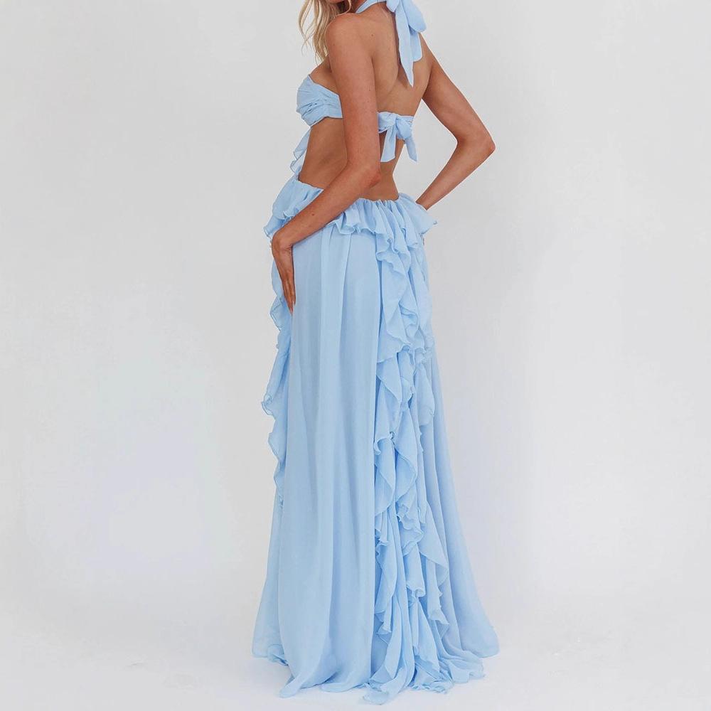Europe, America spring and summer new sexy lace-up tube top backless lace-up ruffle edge long dress women's clothing