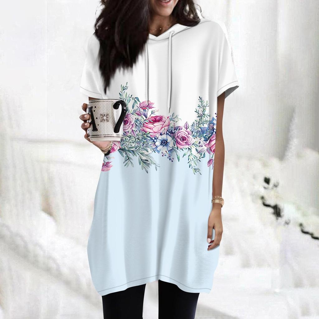 Women's Hoodies Casual Short Sleeve Shirts Fashion Print Tunic Tops With Pockets