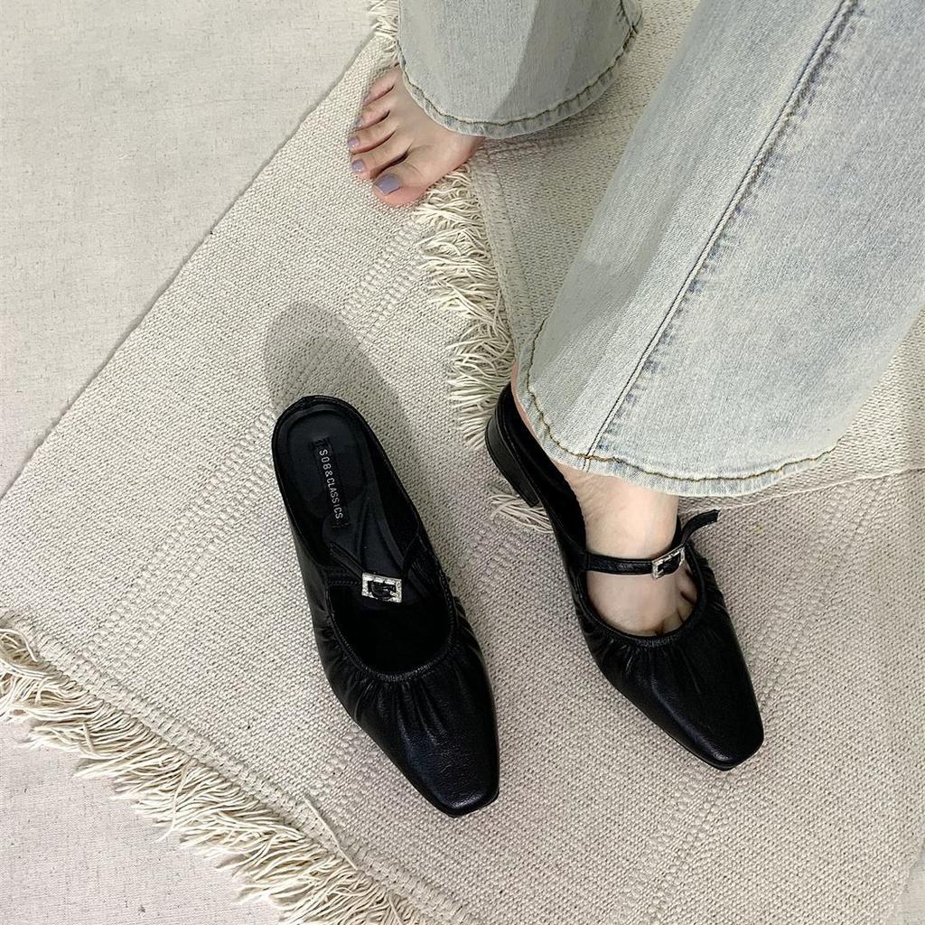 Coarse heel French half slippers silver bag head slippers women's shoes autumn and winter small fragrant Mary Jane single shoes new Chinese shoes