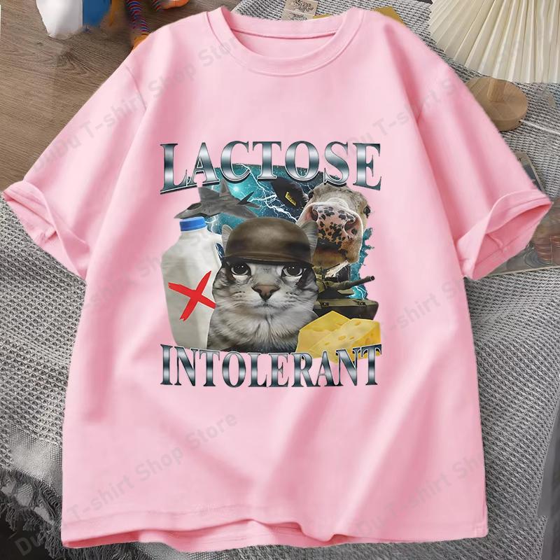 Funny Lactose Intolerant Funny Cat Meme Print TShirt Women Retro Fashion Short Sleeve Tshirts Casual Summer Women Unisex Clothing